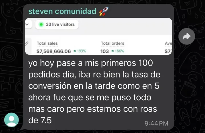 Mensaje de un estudiante que pasó sus primeros 100 pedidos en un día